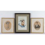 19th Century British school, a pencil sketch of a lady, 18cm high, a hand coloured print of a