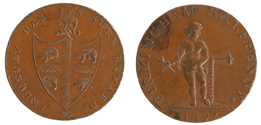 British Token, copper Halfpenny, 1793, Birmingham Halfpenny, standing figure of industry, reverse