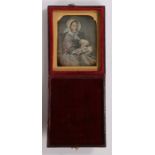 19th Century ninth plate daguerreotype, of a seated lady and her dog, housed in the original case