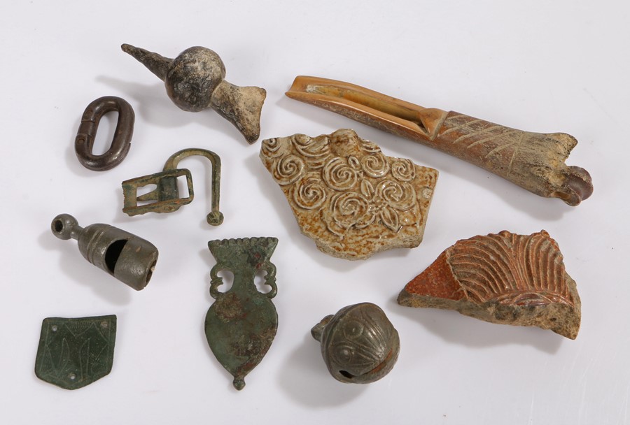 Collection of Saxon to 19th Century finds, to include a bronze crotal bell, pottery shard, a bone