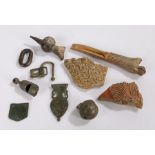 Collection of Saxon to 19th Century finds, to include a bronze crotal bell, pottery shard, a bone
