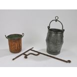 18th Century iron bracket, together with an Indian bucket with punched design and a pail, (3)