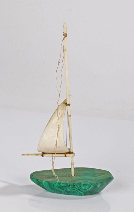 Russian 19th Century ivory and malachite model of a boat, the tall mast slotted into the malachite