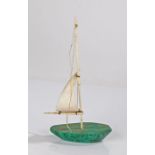Russian 19th Century ivory and malachite model of a boat, the tall mast slotted into the malachite