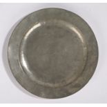 18th Century pewter charger, circa 1749, touch marks for Sam Ellis, with a board rim 42cm diameter