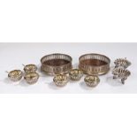 Silver plated items, to include a pair of coasters, a set of six mustards with spoons (two not