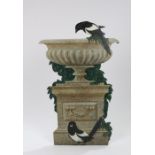 20th Century painted dummy board, with two magpies at a garden urn, 89cm high