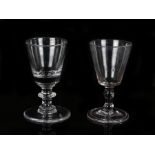 Two George III cordial glasses, the first with a trumpet bowl above the wide ring stem and wide