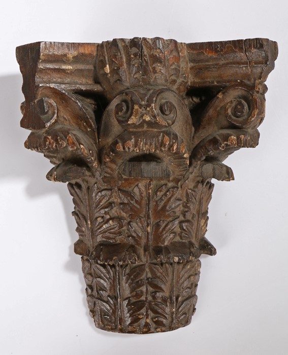 Decorative 18th Century painted oak capital, with scrolls and branched carving to the tapering