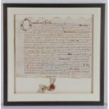 James I circa 1604 vellum indenture, in Latin with red seal attached, framed in a deep glazed