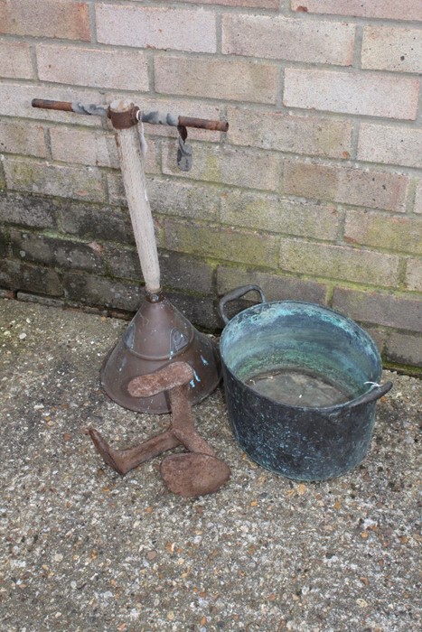 Oval copper pan, Swiftsure copper wash dolly, three foot shoe last (3)