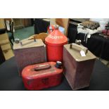 Two Shell Motor Spirit petrol cans, Unipart petrol can, red petrol can with brass cap, the body