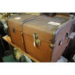 Canvas and wood bound cabin trunk, 76cm wide, containing seven Old Spice wooden boxes (8)