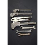 Hand tools to include Vauxhall and other adjustable wrenches/spanners, mole grips etc. (qty)