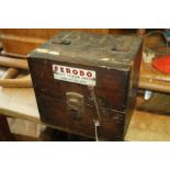 Ferodo brake tester with floor mounting block, housed in a wooden box with label