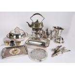 Silver plated wares, to include tea kettle with stand and burner, circular vegetable tureen and