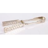 Pair of silver plated asparagus tongs, with pierced blades, the handles initialled JG, 26.5cm long