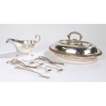 Oval silver plated entree dish and cover, with beaded rim, the body engraved WC, plated sauceboat,