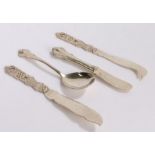 Silver cheese knife, two butter knives and a spoon, all stamped 925, 3.8oz (4)