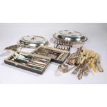 Silver plated ware, to include tureen and cover, sauce boat, six fish knives and forks, boxed set of