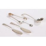 Silver flatware, various dates and makers, to include sifter spoon, pair of sugar tongs, pair of