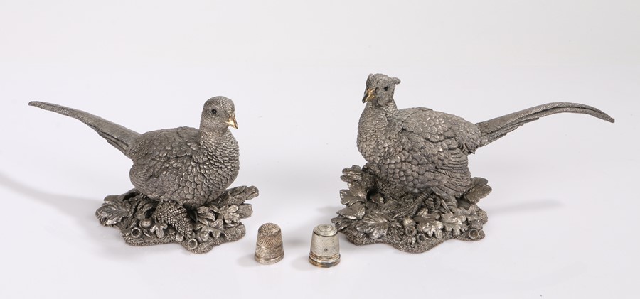 Country Artists filled silver cock and hen pheasants, two silver thimbles (4)