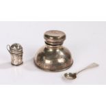 Silver capstan form inkwell, marks rubbed, silver pepperette, silver mustard spoon (3)