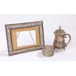 Continental 800 silver mustard pot and cover, filigree picture frame, filigree napkin ring (3)