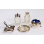 Silver and plated wares, to include small pin dish, sterling salt with blue glass liner WMF tea