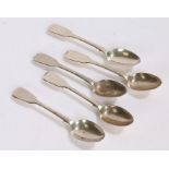 Five George IV silver teaspoons, London 1827, maker IH, with fiddle pattern handles, 4.1oz (5)
