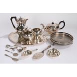 Silver plated wares, to include three piece tea set, coffee pot, tea strainer, circular and oval