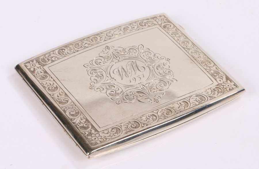 George V silver cigarette case, Birmingham 1929, maker B & W Ltd, with foliate and scroll engraved