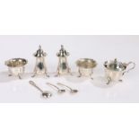 Matched silver condiment set, consisting of two salts and spoons, two pepperettes, mustard pot
