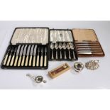 Silver plated wares, to include cased set of six fruit knives and forks, cased set of six