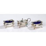 George V silver three piece condiment set. Birmingham 1911, maker E S Barnsley & Co (Edward Souter