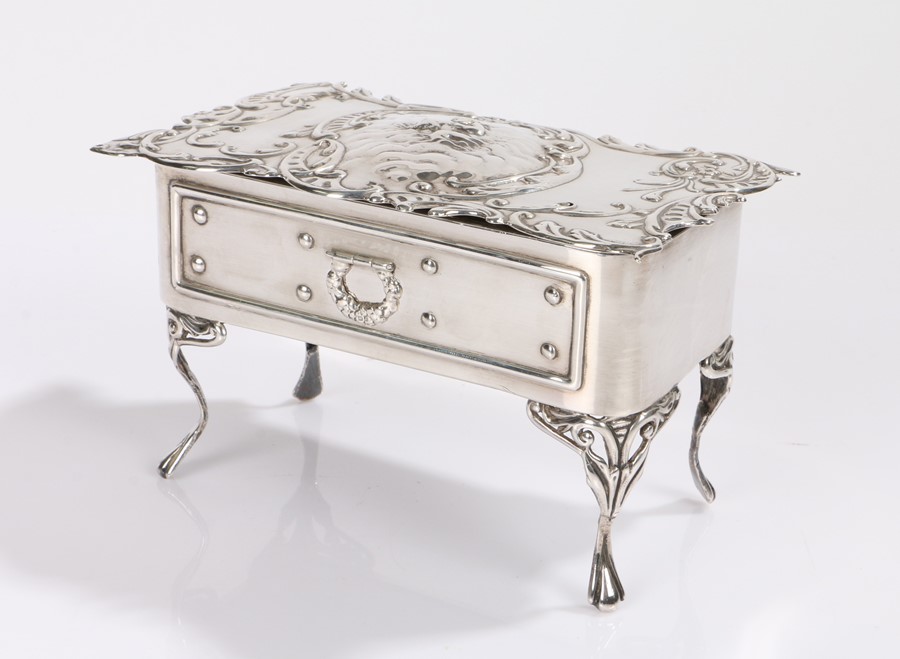 Edward VII silver casket, Birmingham 1902, maker Levi & Salaman, the scroll embossed hinged lid with