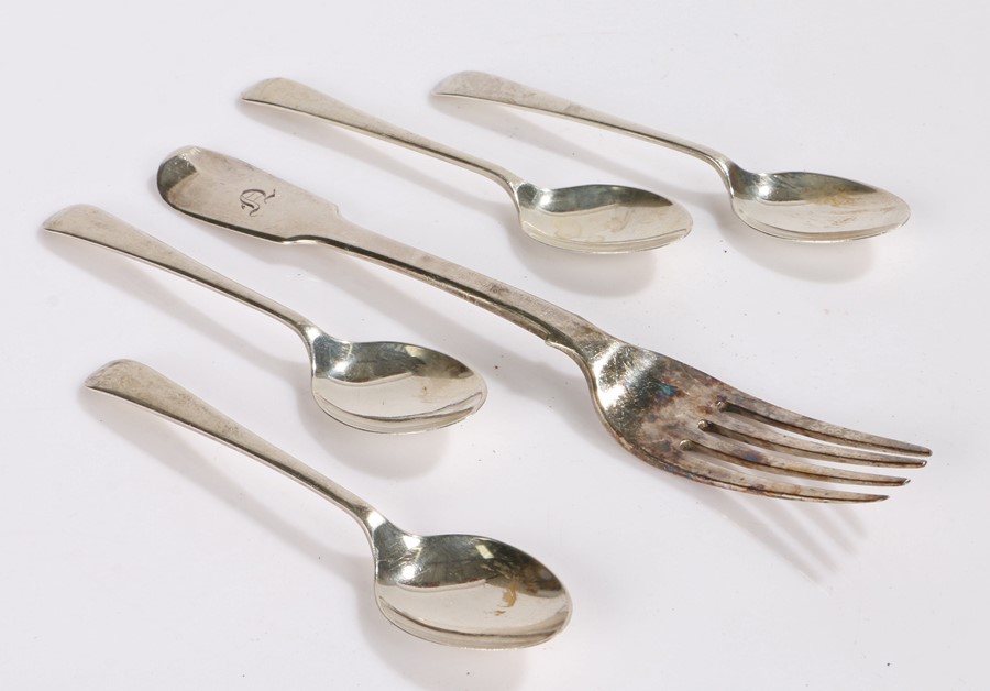 Victorian silver dessert fork, four silver teaspoons, various dates and makers, 3.3oz (5)