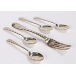 Victorian silver dessert fork, four silver teaspoons, various dates and makers, 3.3oz (5)