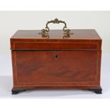 19th Century mahogany tea caddy, with a swing handle above a rectangular top enclosing three
