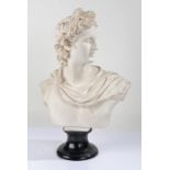 Grand Tour style plaster bust, in the form of a classical figure, raised on black base, 54cm high