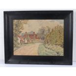 Early 20th Century English School, landscape study of country lane and house, initialled S.R.H and