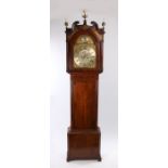 19th Century mahogany longcase clock, the swan neck pediment with brass finials above a gilt foliate