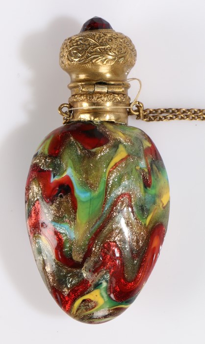 Italian glass and gilt metal scent bottle, having ruby glass and gilt metal hinged top and oval