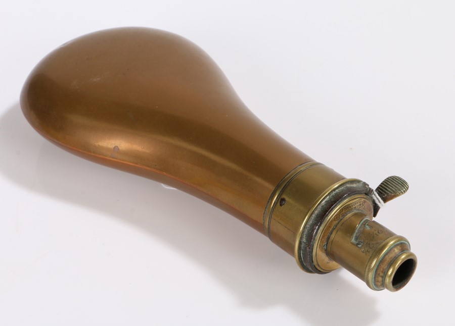 G & J. W. Hawksley, copper and brass powder flask, 19.5cm long