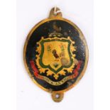 George III copper carriage plate, painted with a coat of arms of two birds within a gilt shield