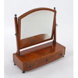 George III style mahogany and boxwood strung toilet mirror, raised on three box drawer base and ball
