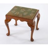 18th Century style mahogany dressing stool, with floral drop in seat, shaped frieze and raised on