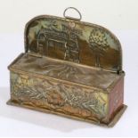 Dutch brass candle box, decorated with a windmill above a hinged lidded compartment embossed with
