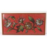 Beadwork panel depicting a blossoming branch on a red background, housed in a glazed oak frame, 25cm