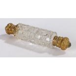 Victorian glass and gilt metal double ended scent bottle, having gilt metal hinged tops either end